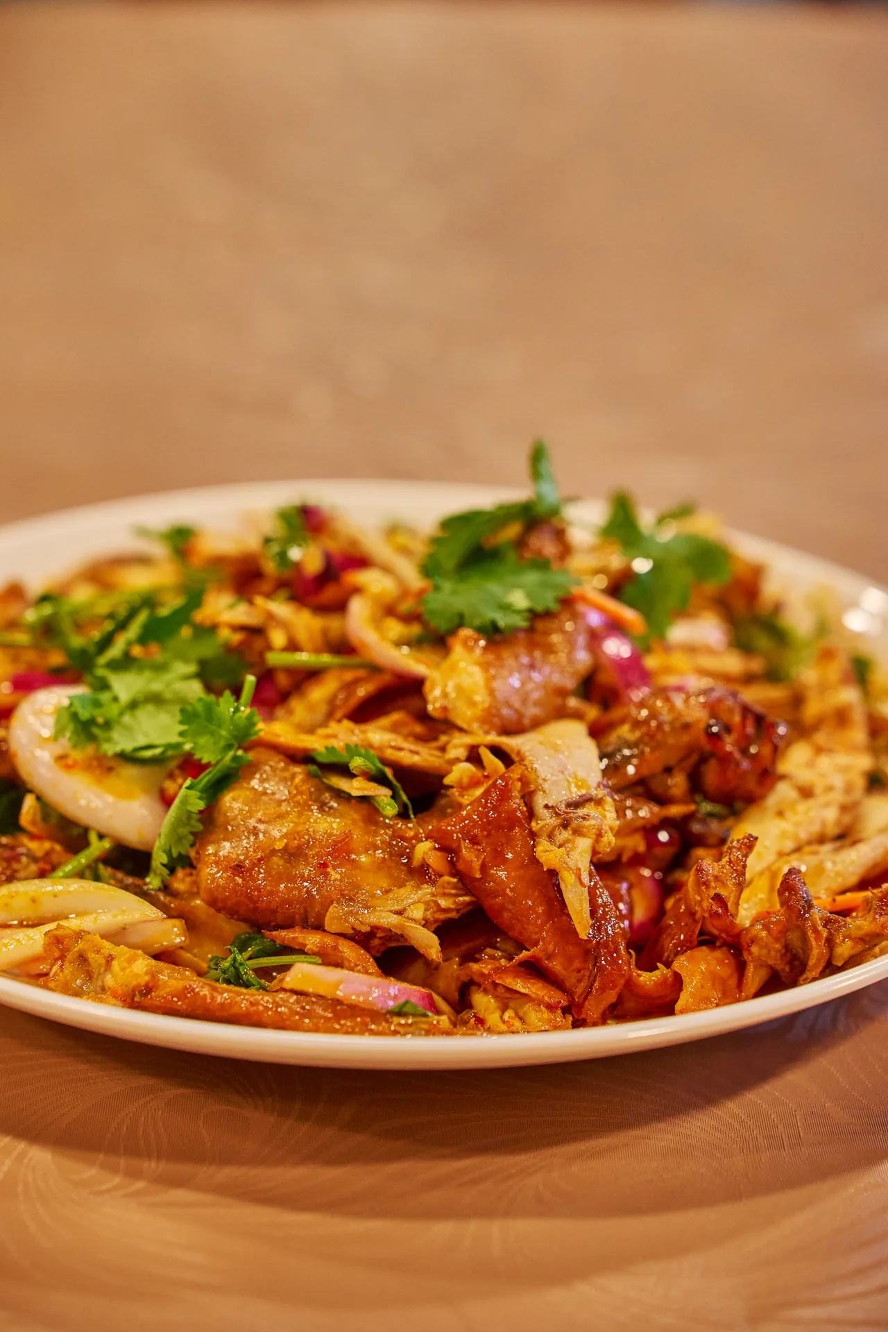 Spicy stir-fried meat and vegetables topped with fresh coriander