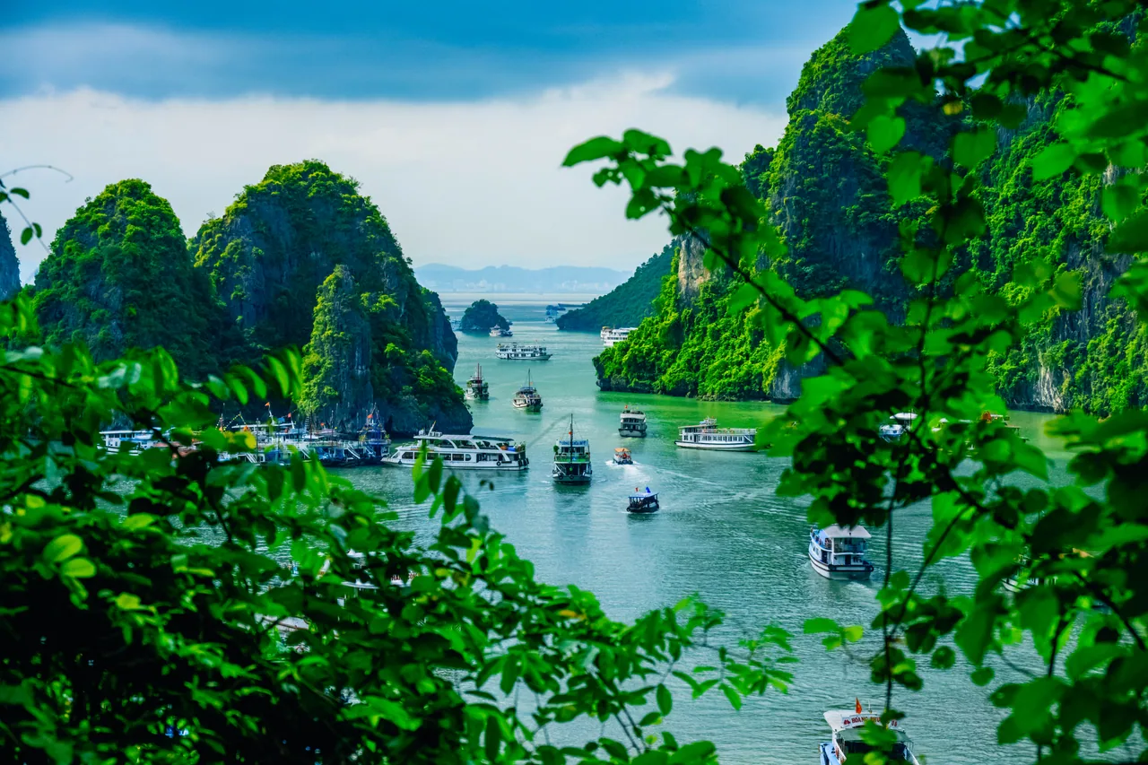 Limestone islands and boats in a green bay, framed by trees