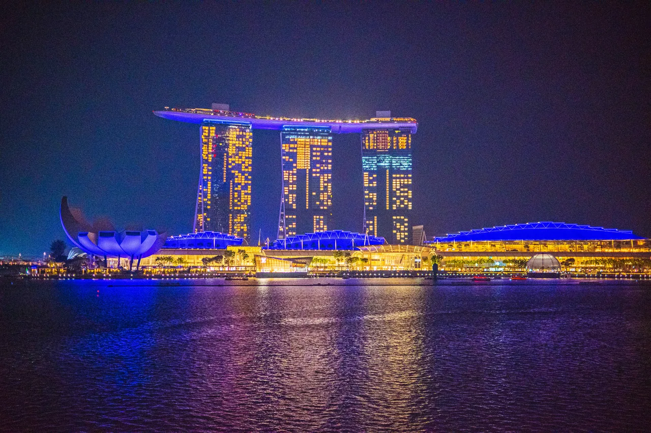 Marina Bay Sands and the waterfront lit up at night