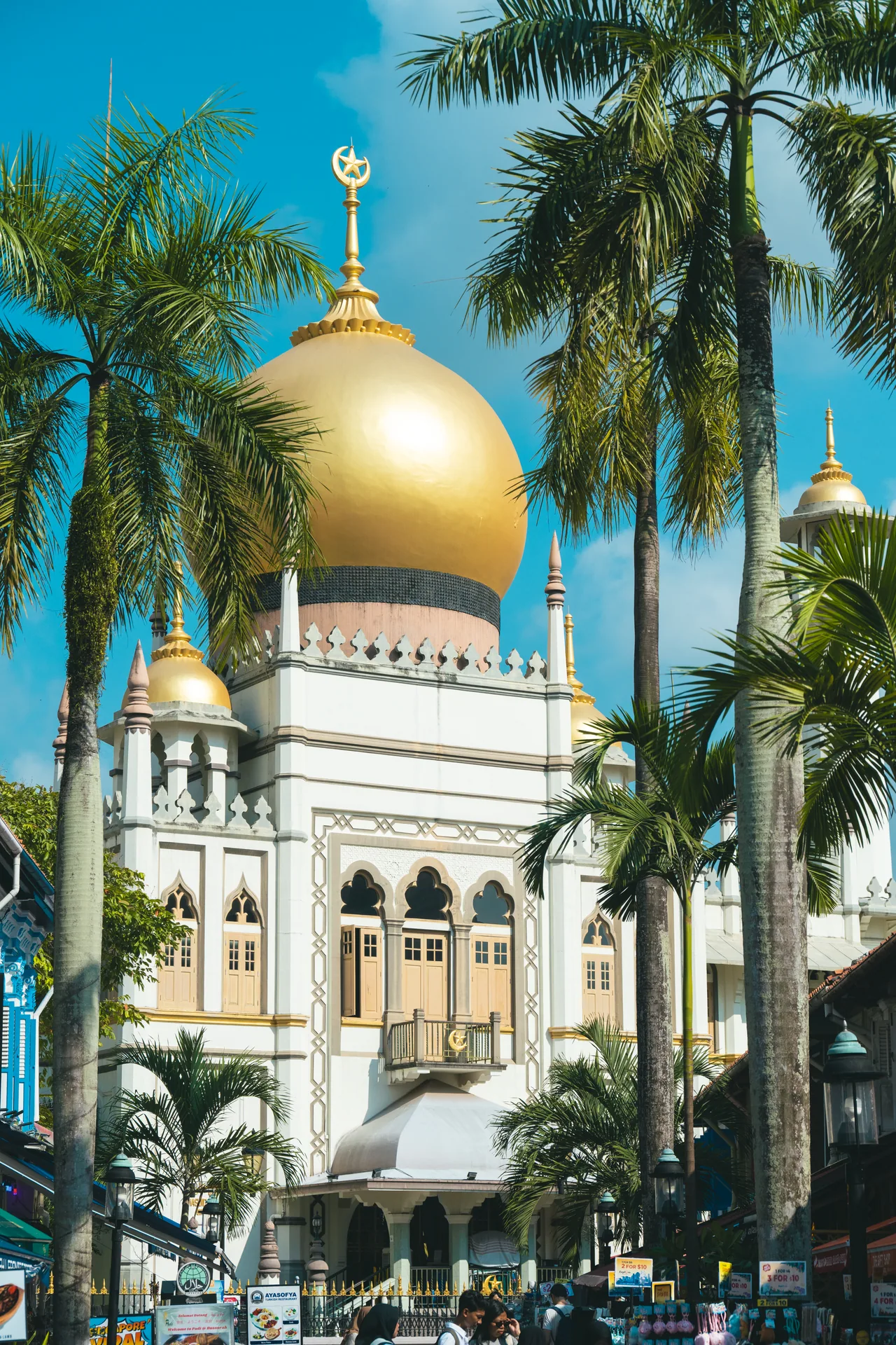 Sultan Mosque in Kampong Glam framed by palm trees