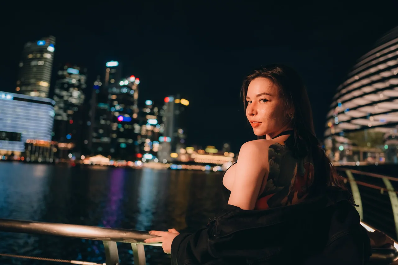 Night portrait by Marina Bay with the Esplanade lit up